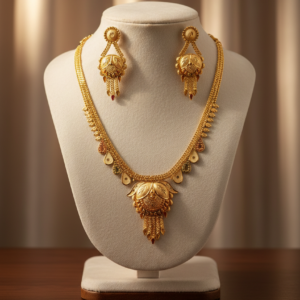 0001 Gold-Plated Antique Floral Temple Necklace Set with Matching Jhumka Earrings FOR GIRLS AND WOMEN