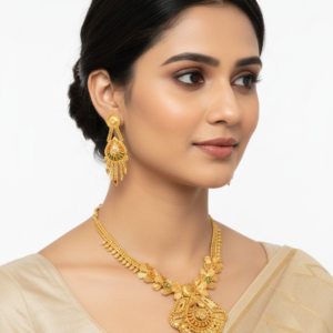 0002 Elegant 1-Gram Gold Plated Traditional Floral Motif Pendant Necklace Set with Matching Drop Earrings for Women