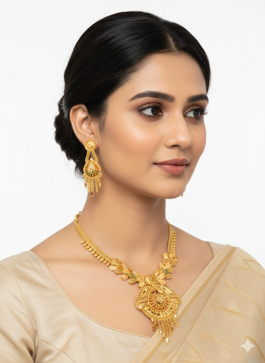 0002 Elegant 1-Gram Gold Plated Traditional Floral Motif Pendant Necklace Set with Matching Drop Earrings for Women
