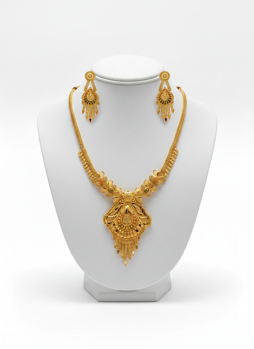 0002 Elegant 1-Gram Gold Plated Traditional Floral Motif Pendant Necklace Set with Matching Drop Earrings for Women - Image 2