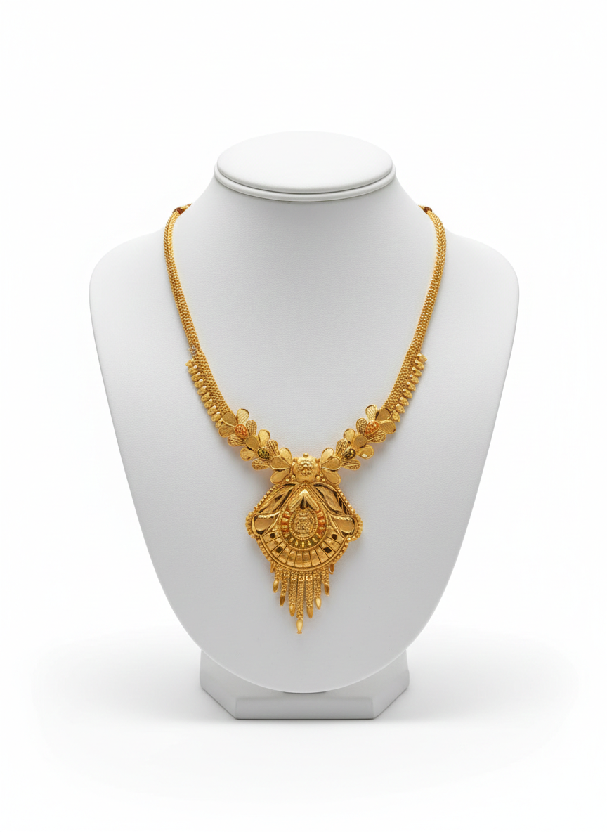 0002 Elegant 1-Gram Gold Plated Traditional Floral Motif Pendant Necklace Set with Matching Drop Earrings for Women - Image 3