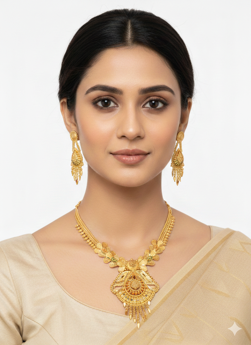 0002 Elegant 1-Gram Gold Plated Traditional Floral Motif Pendant Necklace Set with Matching Drop Earrings for Women - Image 6