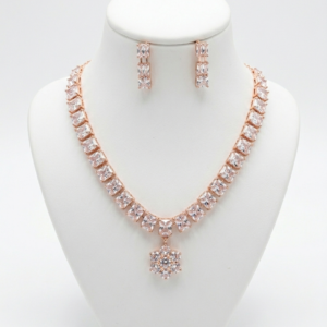 003 Rose Gold Plated Cubic Zirconia Necklace Set – Radiant Emerald-Cut Tennis Chain with Floral Snowflake Pendant and Matching Dangle Earrings
