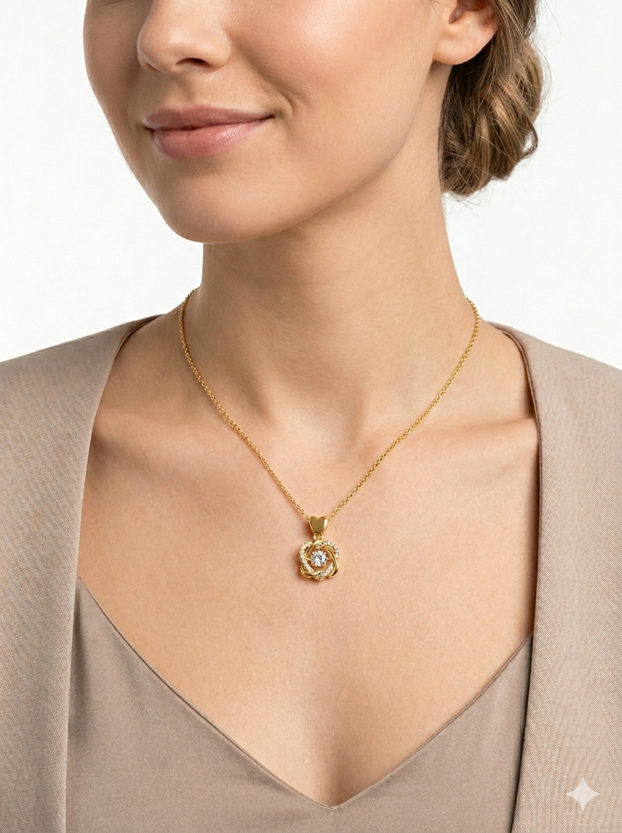 01 18K Gold Plated Intertwined Heart Pendant with Sparkling "Dancing" Center Zirconia - Image 4