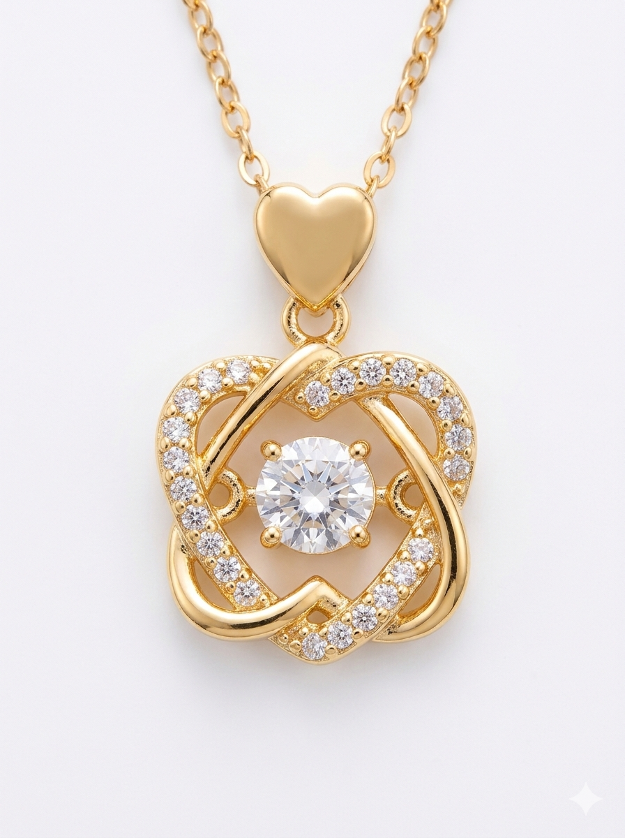 01 18K Gold Plated Intertwined Heart Pendant with Sparkling "Dancing" Center Zirconia - Image 2