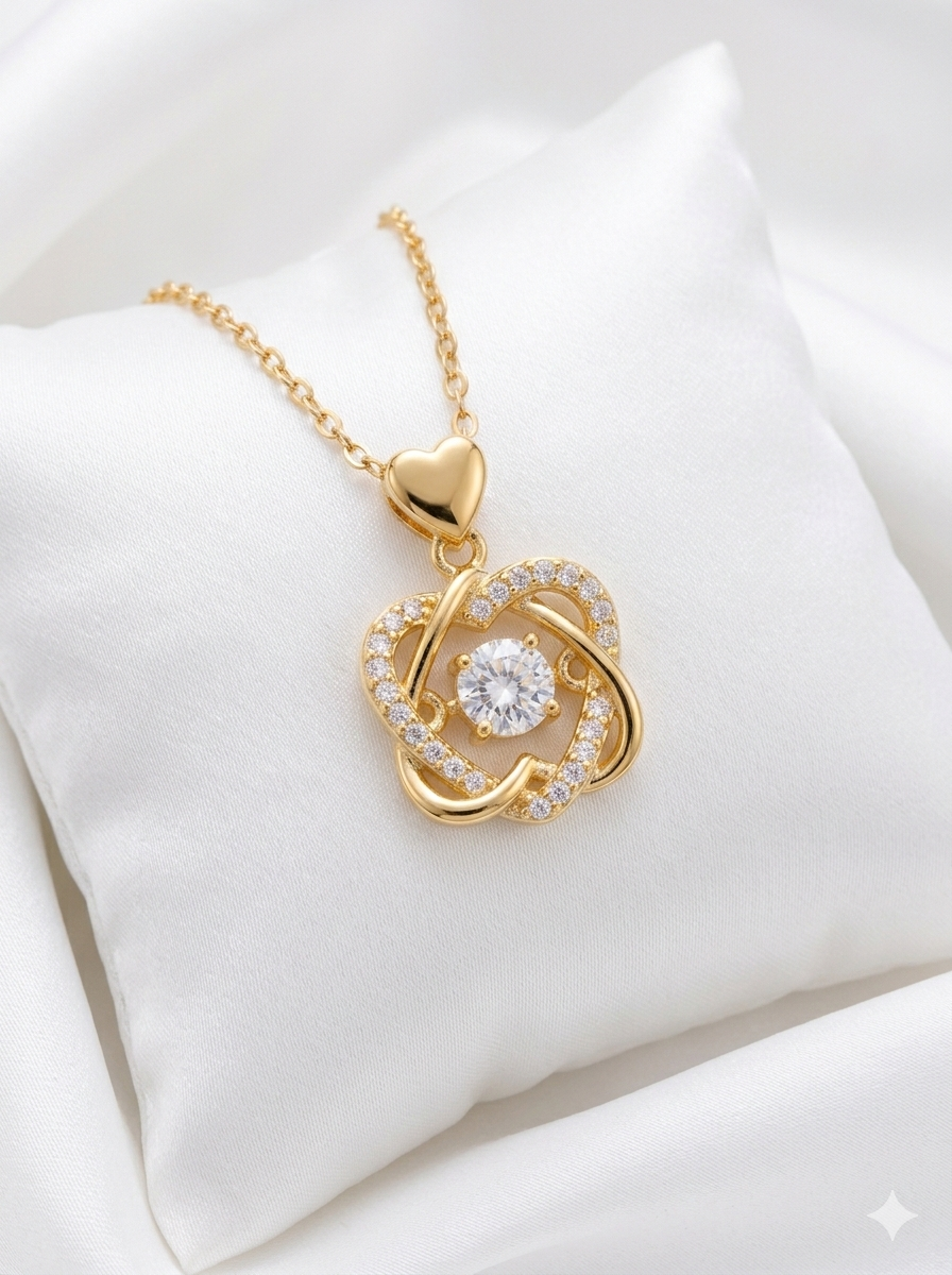 01 18K Gold Plated Intertwined Heart Pendant with Sparkling "Dancing" Center Zirconia