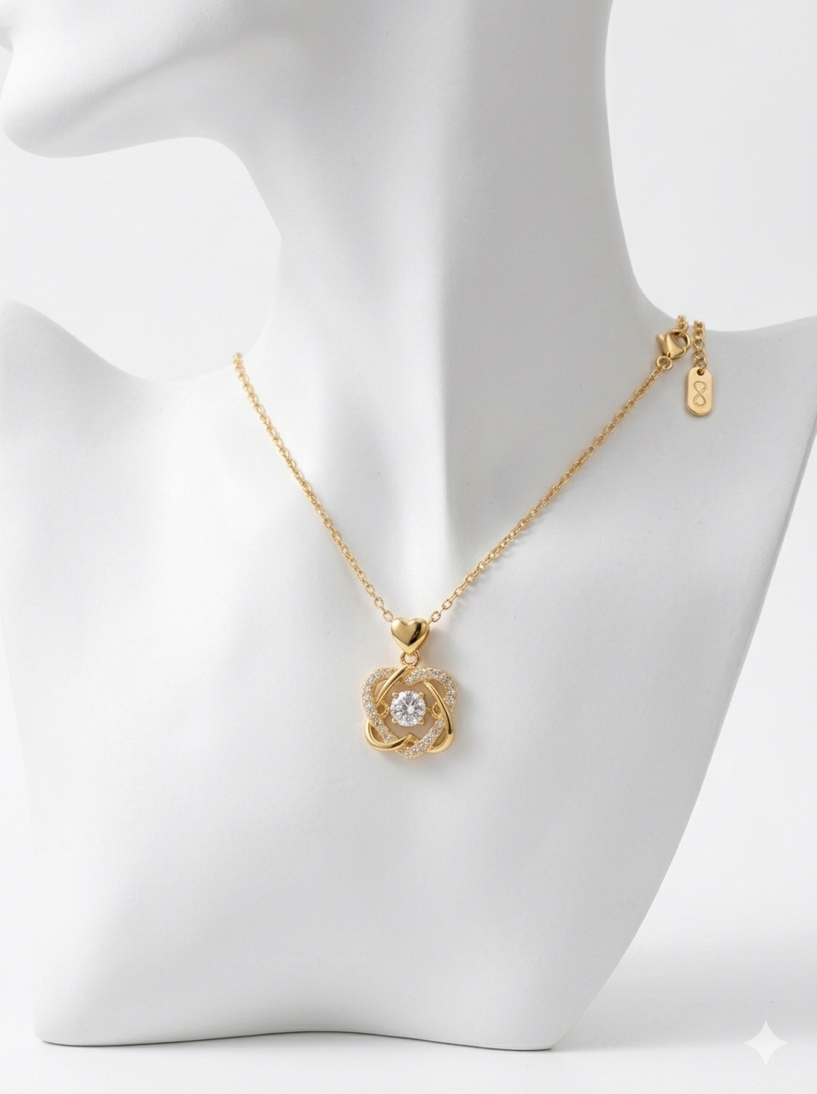 01 18K Gold Plated Intertwined Heart Pendant with Sparkling "Dancing" Center Zirconia - Image 3