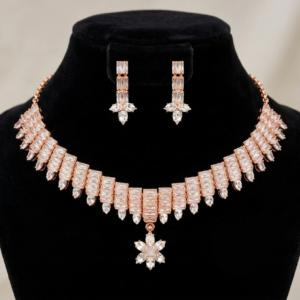 001 Rose Gold Plated Marquise & Baguette Cut American Diamond Choker Necklace Set with Matching Drop Earrings