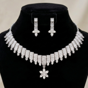 002 Silver-Plated Choker Set – Exquisite Baguette & Marquise Cut Zirconia Necklace with Matching Drop Earrings