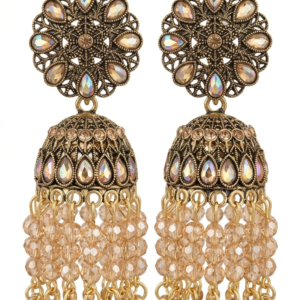 E1 Gold-Finish Floral Jhumka Earrings with Champagne Crystal Beads & Iridescent Stone Embellishments