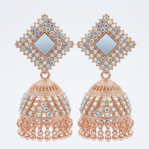 E2 Rose Gold Mirror-Work Jhumka Earrings with Shimmering Crystal Embellishments