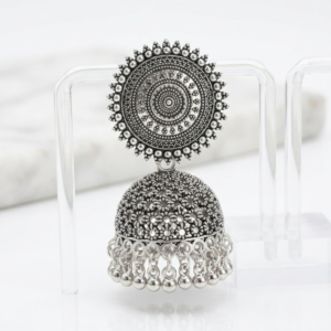 E3 Oxidized Silver Traditional Jhumka Earrings with Sun-Embossed Studs and Intricate Floral Carvings