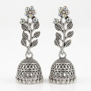 E4 Oxidized Silver Floral Vine Jhumka Earrings with Shimmering Stone Accents