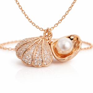 (14) Rose Gold Seashell Locket Necklace – 18-Inch Chain with Shimmering Crystal Shell & Radiant Hidden Pearl